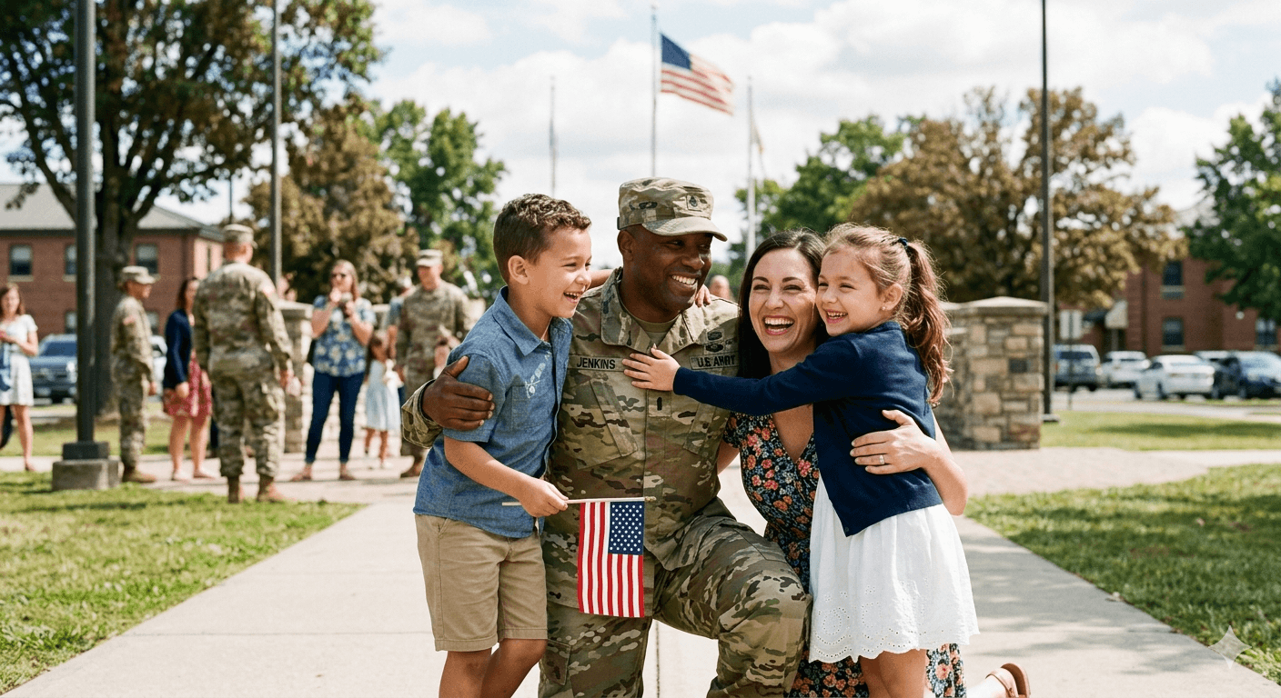 A welcoming military soldier reuniting with their family, representing the support PCS Concierge provides during every move